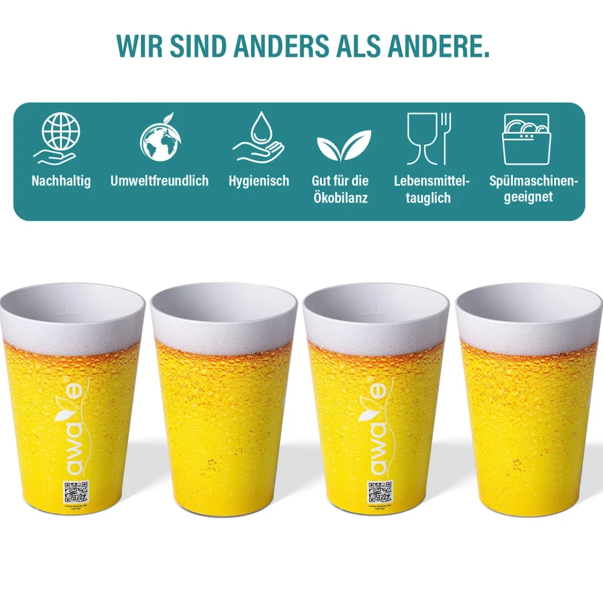 Die moderne Hausfrau AWAVE Trinkbecher 500 ml rPET Set 4-teilig, mit Eichstrich
