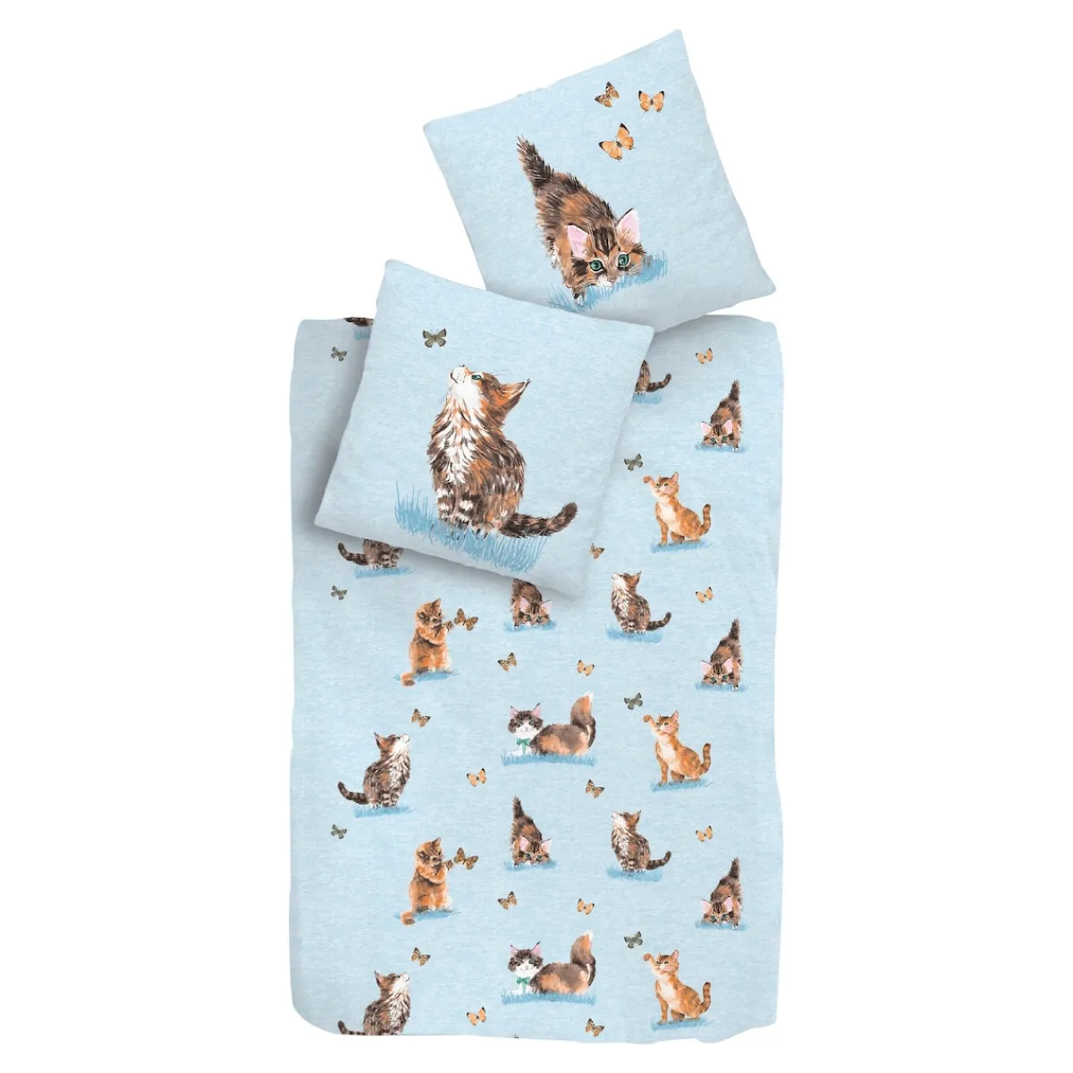 Die moderne Hausfrau Bettwäsche Baumwolle "Kätzchen", 2-teilig, 135x200 cm hellblau
