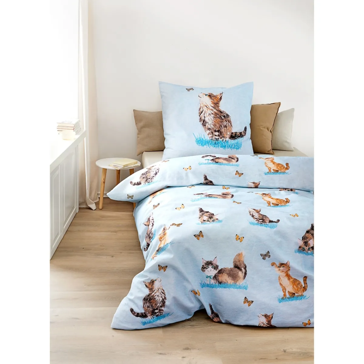 Die moderne Hausfrau Bettwäsche Baumwolle "Kätzchen", 2-teilig, 135x200 cm hellblau