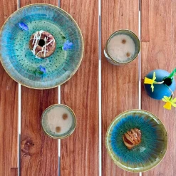 Die moderne Hausfrau Desserteller-Set, Steinzeug Flussufer blau, grün, braun