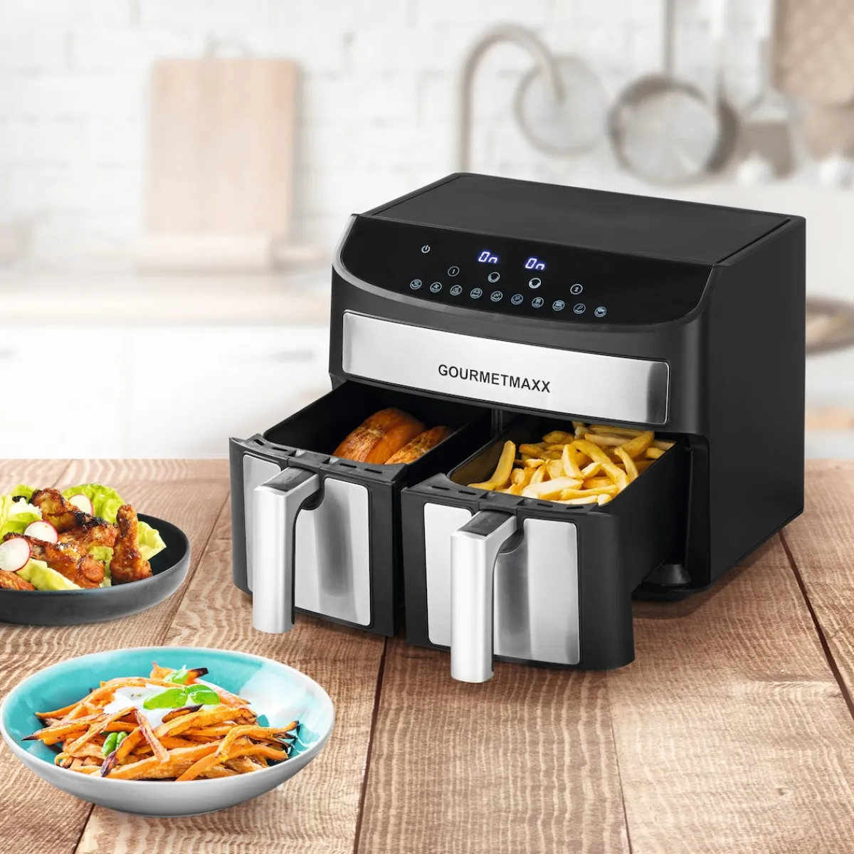 Die moderne Hausfrau Doppelkammer-Heißluftfritteuse 7l, 2400 W