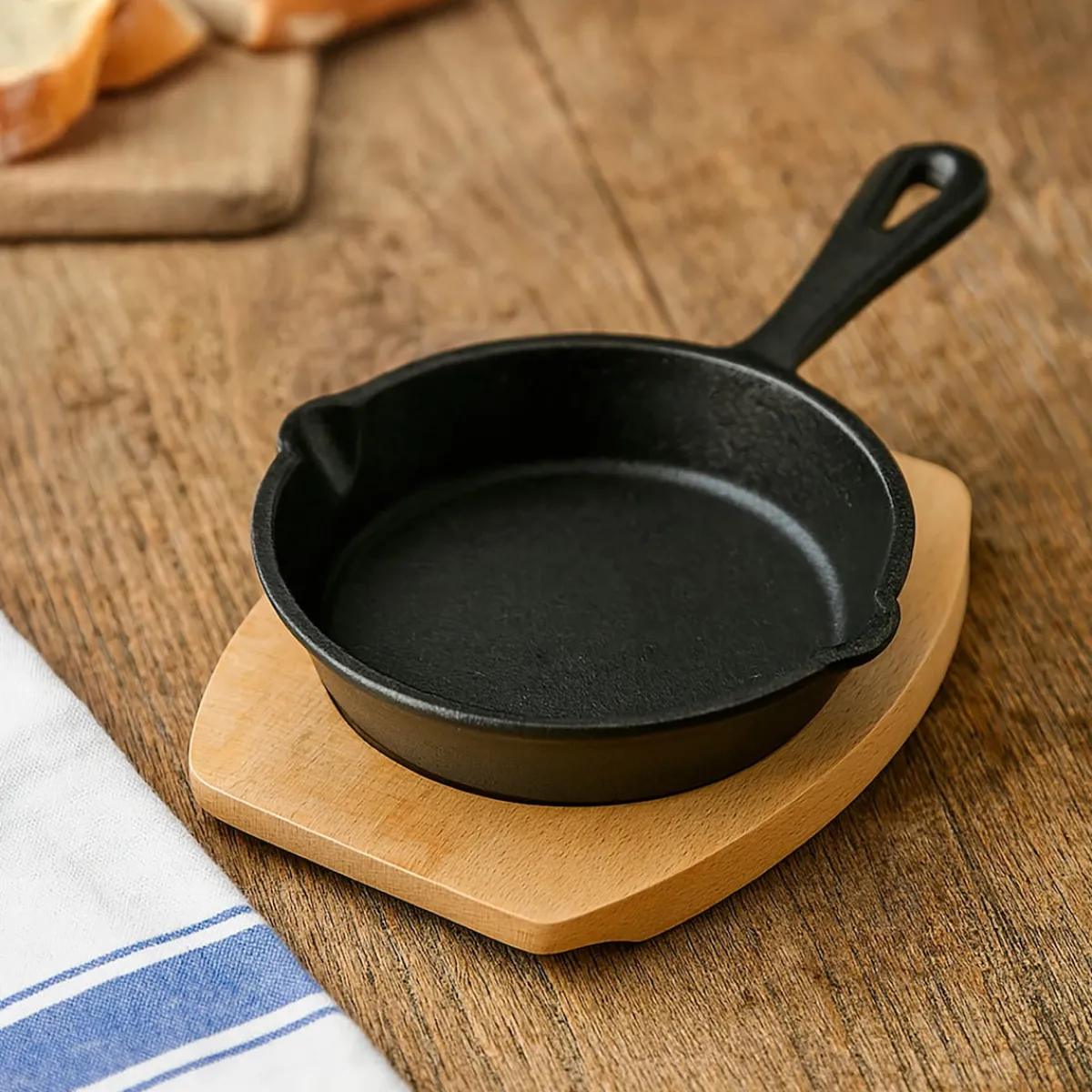 Die moderne Hausfrau Freyersbacher Gusseisenpfanne 15 cm, Emaille Bratpfanne | mit Brett und Tuch