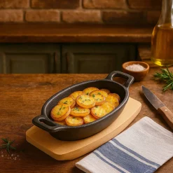 Die moderne Hausfrau Freyersbacher Kleine Gusseisenpfanne Oval 14x9 cm, Emaille Servierpfanne | Mit Brett und Tuch