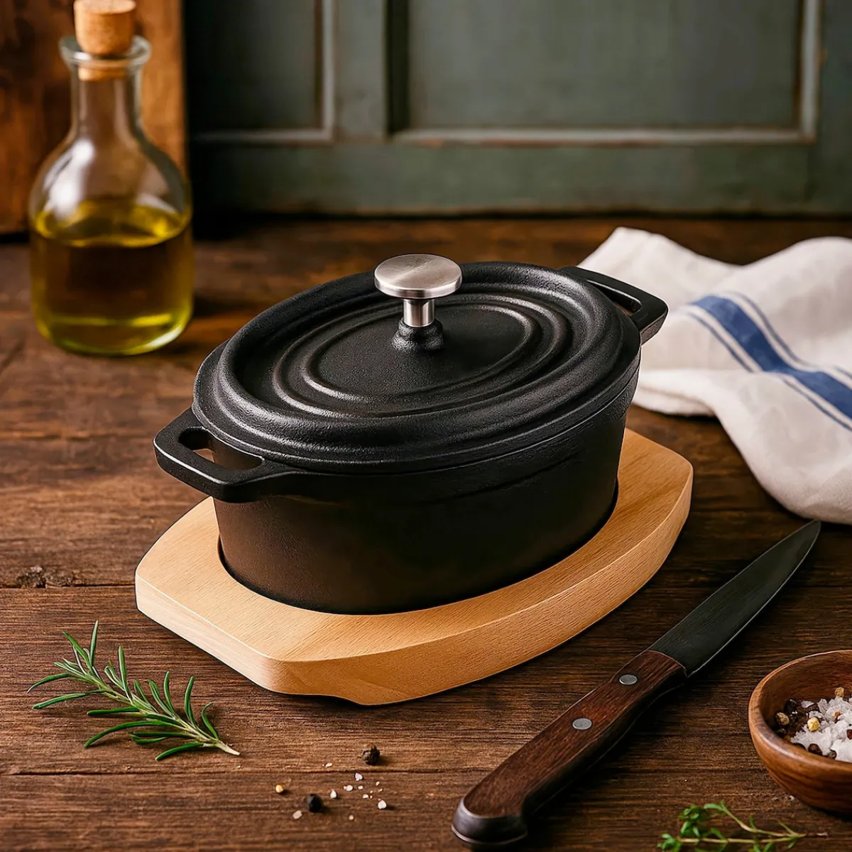 Die moderne Hausfrau Freyersbacher Mini Cocotte 12x8,5 cm Gusseisen, Kleiner Emaille Topf | Oval, mit Brett und Tuch