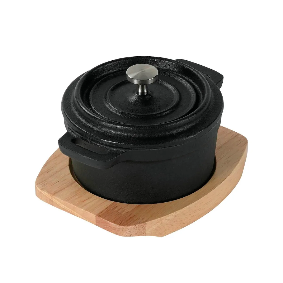 Die moderne Hausfrau Freyersbacher Mini Cocotte 9 cm Gusseisen, Kleiner Emaille Topf | Rund, mit Brett und Tuch