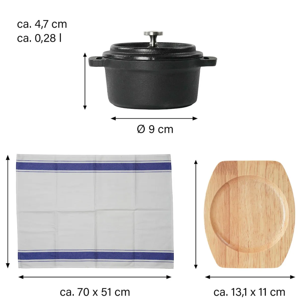 Die moderne Hausfrau Freyersbacher Mini Cocotte 9 cm Gusseisen, Kleiner Emaille Topf | Rund, mit Brett und Tuch