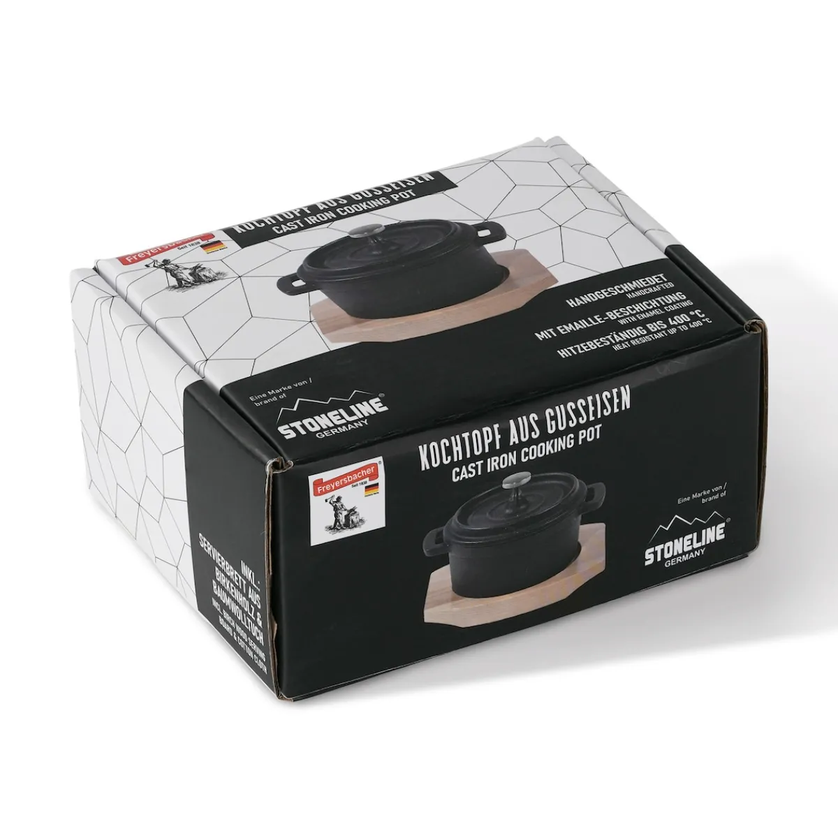 Die moderne Hausfrau Freyersbacher Mini Cocotte 9 cm Gusseisen, Kleiner Emaille Topf | Rund, mit Brett und Tuch