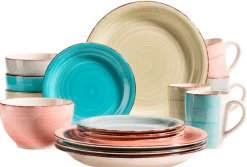 Die moderne Hausfrau Geschirr-Set, Steingut Lumaca Koralle /Grau /Grün /Blau