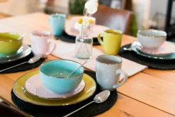 Die moderne Hausfrau Kombiservice, Steinzeug METALLIC RIM Rosa, Grün, Blau, Grau