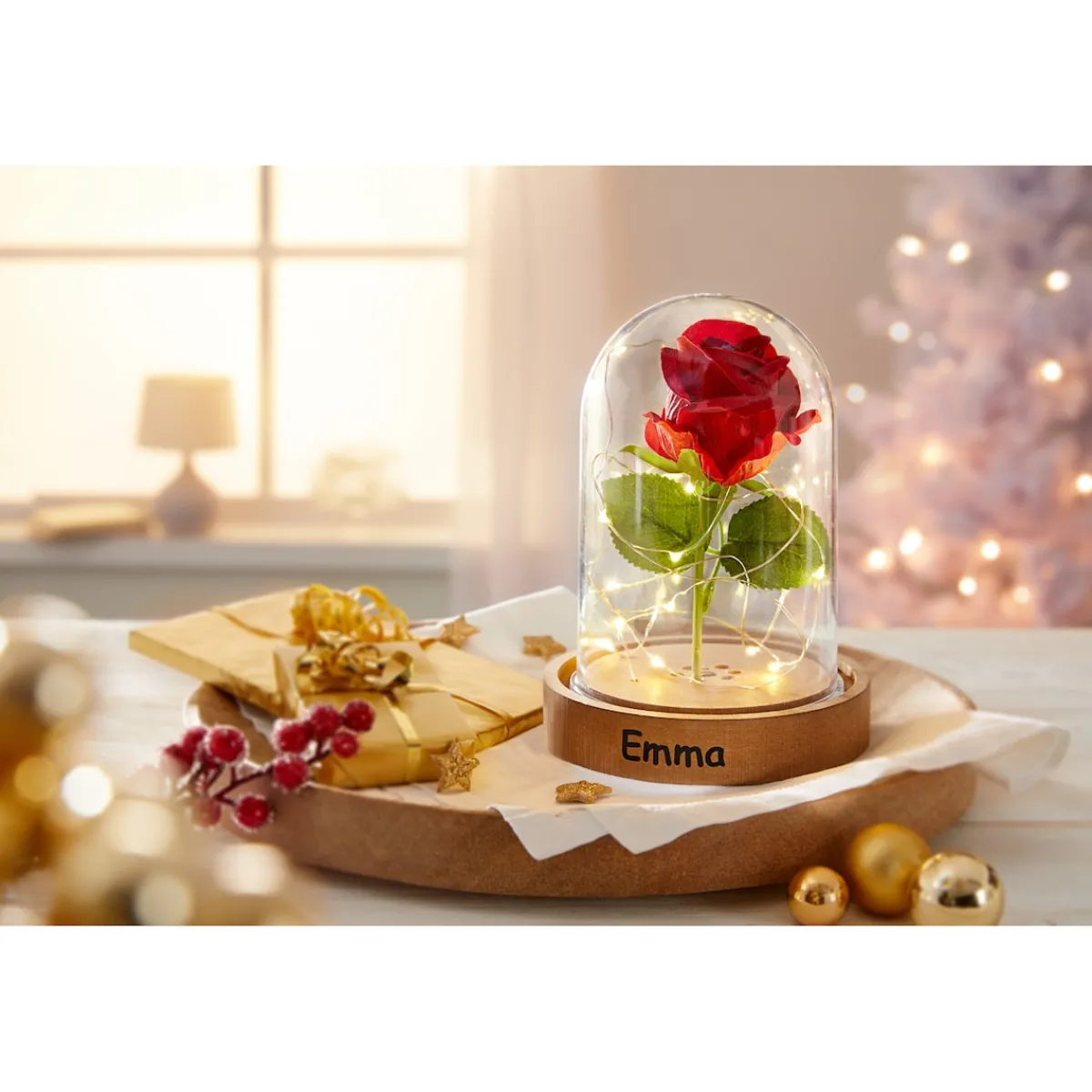 Die moderne Hausfrau LED-Glas "Ewige Rose" mit Musik, personalisiert mit Namen
