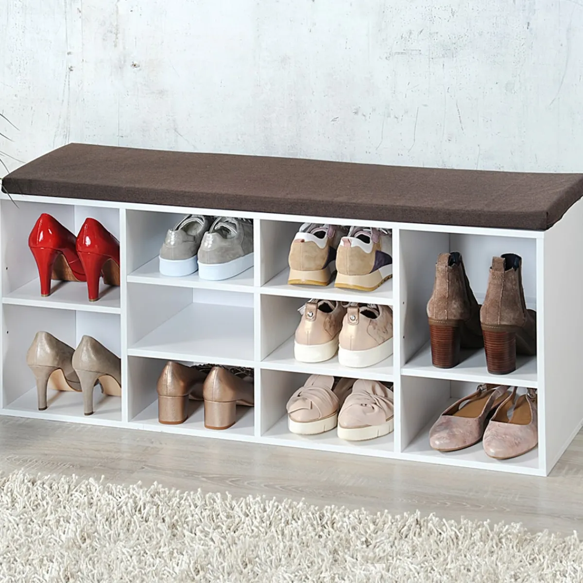 Die moderne Hausfrau Schuhschrank mit Sitzkissen aus Stoff