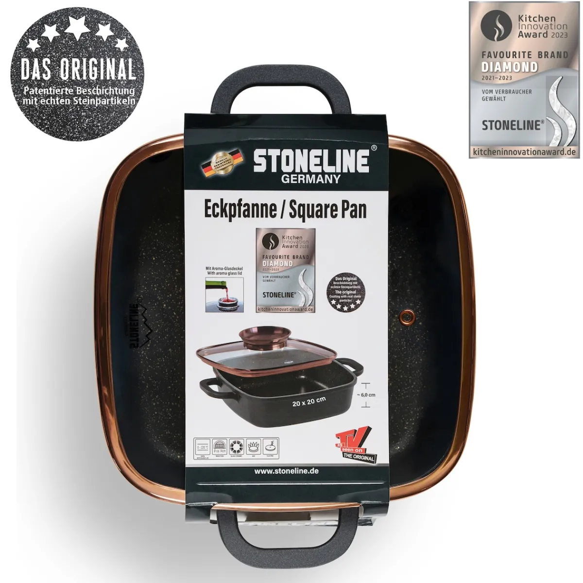 Die moderne Hausfrau STONELINE Servierpfanne Eckig 20 cm Roségold | mit Deckel