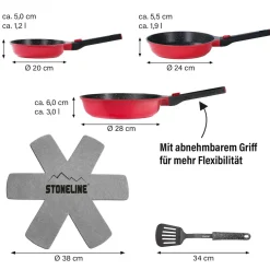 Die moderne Hausfrau STONELINE SMART Pfannen-Set 3-teilig Rot mit abnehmbaren Griffen | ohne Deckel - Schwarz