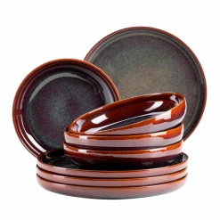 Die moderne Hausfrau Tafelservice, Steinzeug Elina Uno Rot / Braun