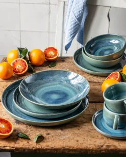 Die moderne Hausfrau Tafelservice, Steinzeug TIEFER SEE Blau / Grün